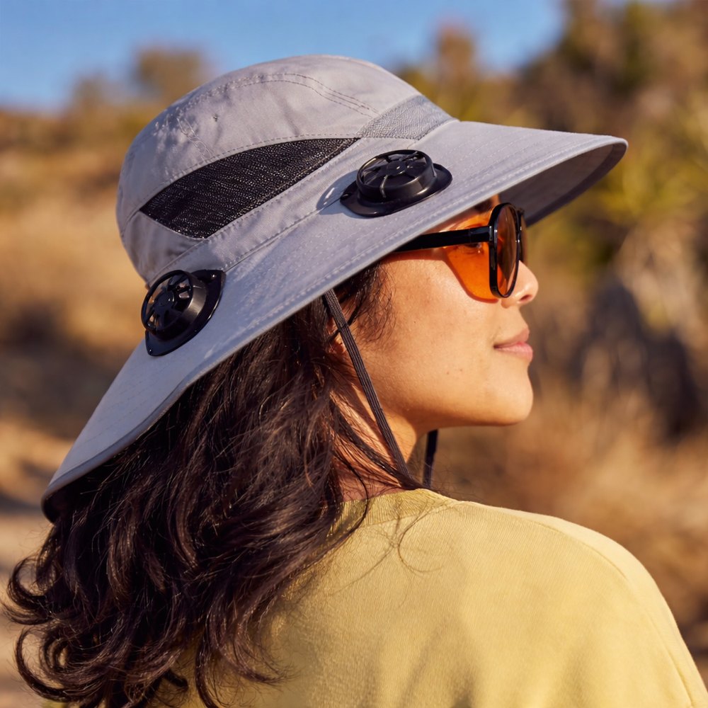 Woman wearing the Kool Summer Solar Fan Hat outdoors in Grey
