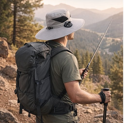 Man hiking in a Kool Summer fan hat