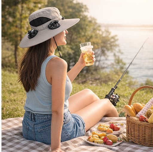 Woman in a Kool Summer fan hat at a lakeside picnic